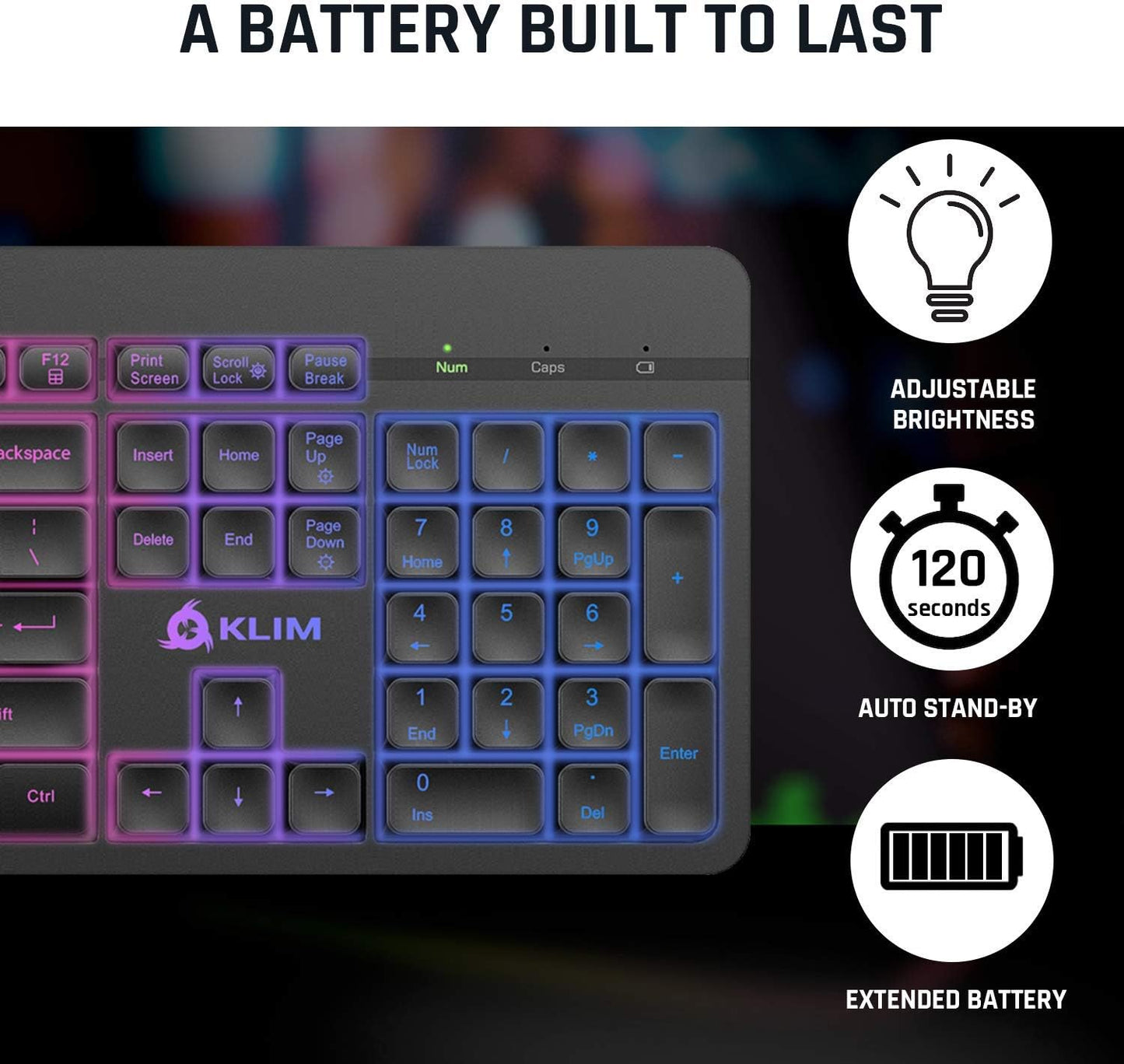 KLIM Light V2 Rechargeable Wireless Keyboard - New Version - Slim Durable Ergonomic - Backlit Wireless Gaming Keyboard for Laptop PC Mac PS4 PS5 Xbox One - Long-Lasting Built-in Battery