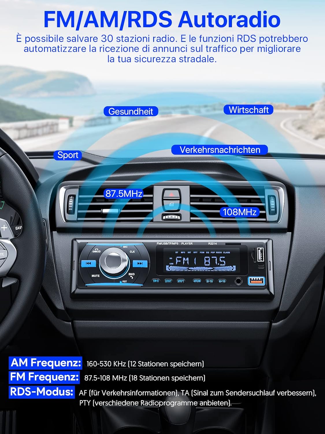 Chismos R2214 4x65W Bluetooth 5.0 Car Radio, FM/AM/RDS with Remote, USB/AUX/SD/TF/MP3/WMA/WAV Player, 1 DIN Stereo, Handsfree, iOS/Android Compatible