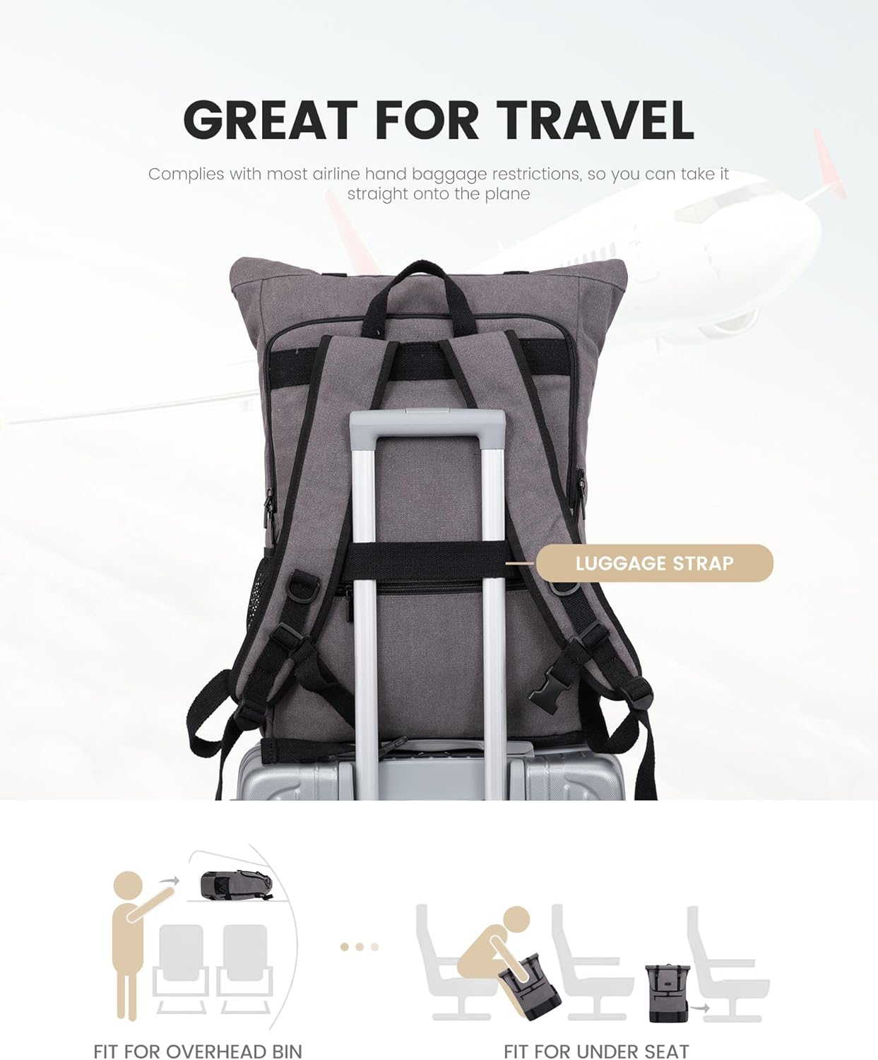 LOVEVOOK Backpack Men Women Large Rolltop Laptop Backpack 17.3 Inch Waterproof Rolling Backpack School Backpack for University Work Travel Business, Canvas Grey