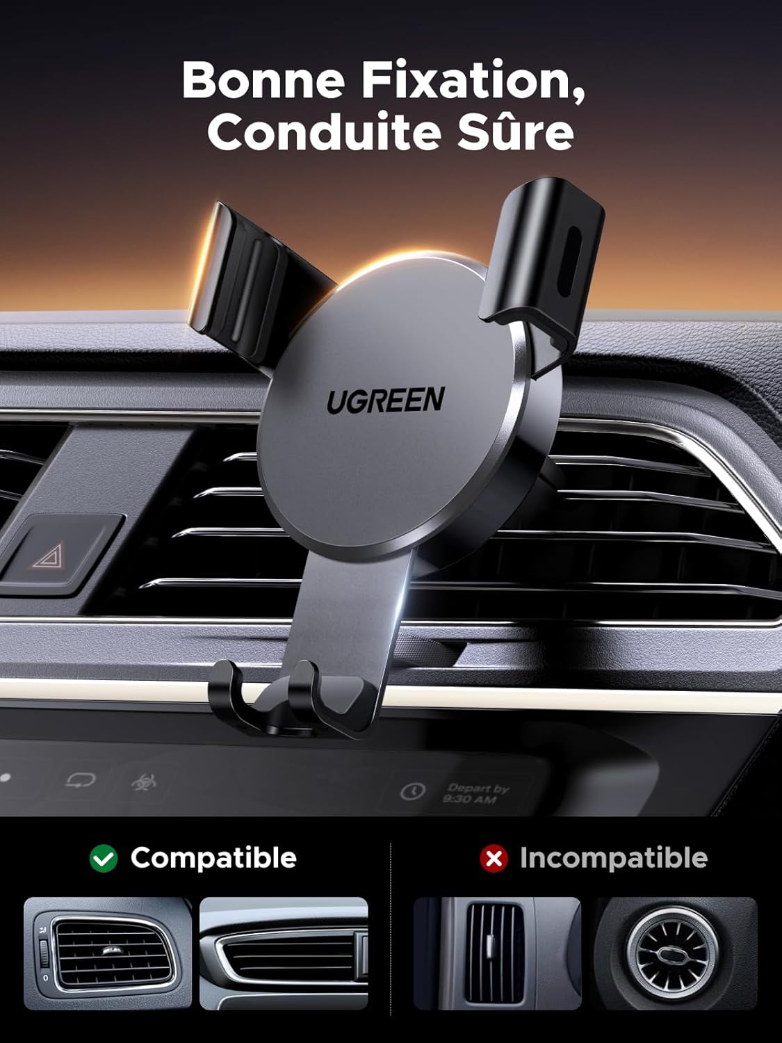 UGREEN Car Vent Phone Mount Air Vent Clip Cell Phone Holder Gravity Auto Lock Compatible with iPhone 15 14 Pro Max 14 Plus, iPhone 13 12 11 Pro Max XR XS 8 7 Plus, Samsung Galaxy S22 Smartphone Black