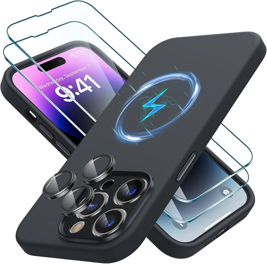 LK for iPhone 14 Pro Max Case [Liquid Silicone] +2 Pack Tempered Glass Screen Protector & Lens Protector, Compatible for MagSafe Shockproof Full Body Bumper Silm Phone Case, 6.7-inch, Black