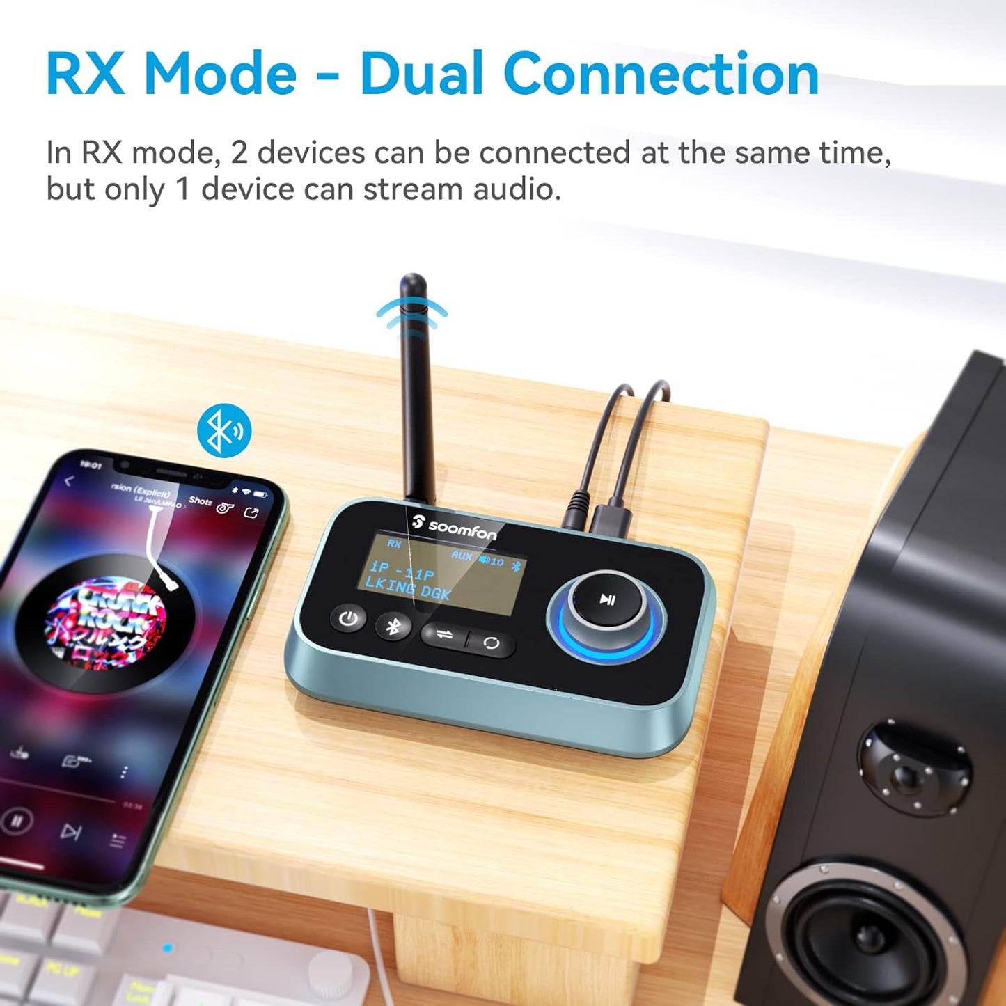 SOOMFON Bluetooth Transmitter for TV 3-in-1 Bluetooth 5.0 Transmitter Receiver for TV to 2 Headphones with LCD Display Adjustable Volume, Optical AUX RCA Bypass for Home Stereo Speaker
