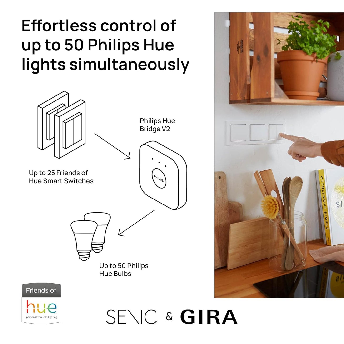 GIRA + Senic Friends of Hue Smart Switch | Wireless Homekit Light Switch and Dimmer | Compatible with Philips Hue (No Batteries, No Charging) | Made in Germany | Gira Light Switch Anthracite