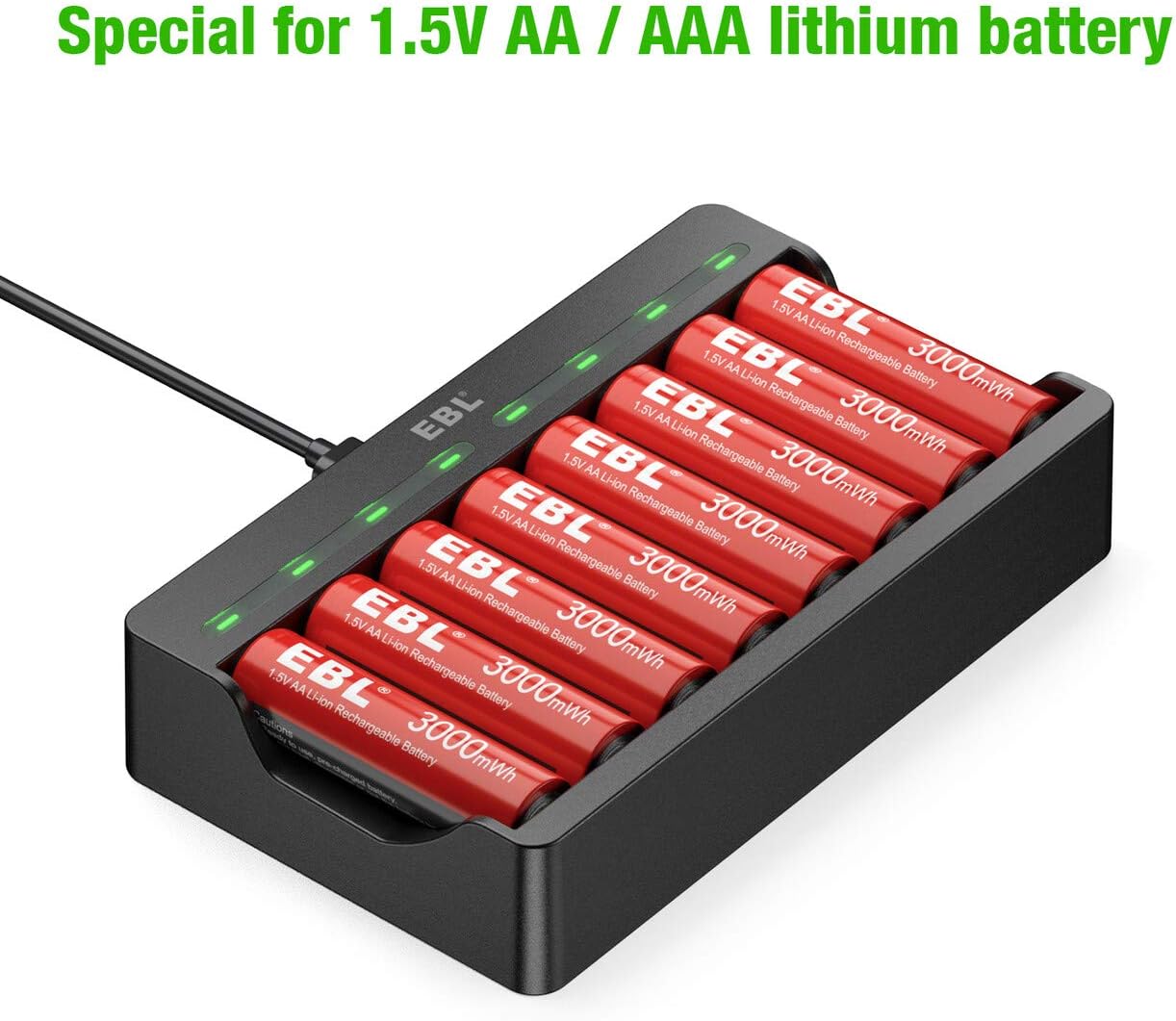 EBL 8 Slots Smart Li-ion Charger for AA AAA Li-ion Rechargeable Batteries with 8 Pack 3000mWh AA Lithium-ion Battery