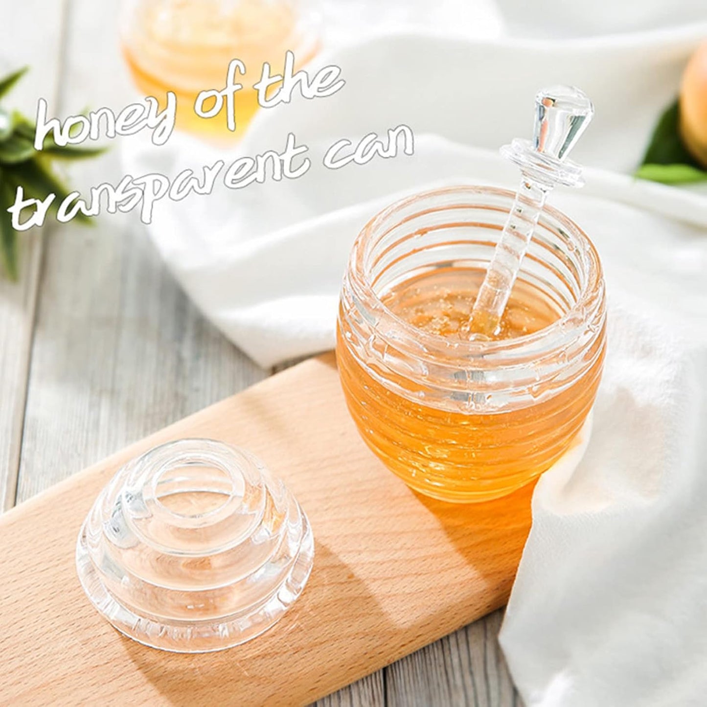 Glass Honey Jar,Transparent Honey Pot with Stirring Rod and Pot Lid,Food Grade Plastic Honey Jar,Bee Shape Honey Pot for Kitchen Living Room Office