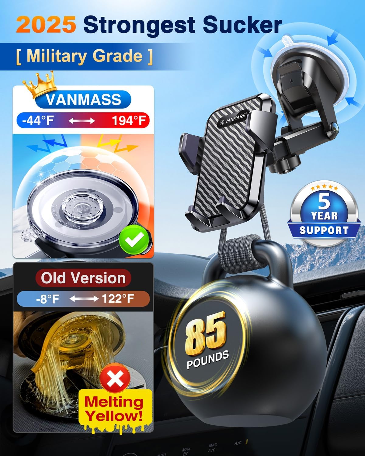 VANMASS 【85+LBS Strongest Suction & Military-Grade 2025 Ultimate Car Phone Mount【Patent & Safety Certs】 Cell Phone Holder Truck Stand for Dashboard Windshield Vent for iPhone 16 15 Pro Max 14 Samsung Visit the VANMASS Store