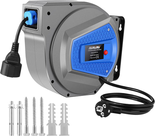 Himimi Automatic Cable Reel 15 m + 1 m 1500 W ~ 3000 W Cable Reel Automatic Power Drum Hose Reel Extension Cable Outdoor Wall Mounting, Overload Protection