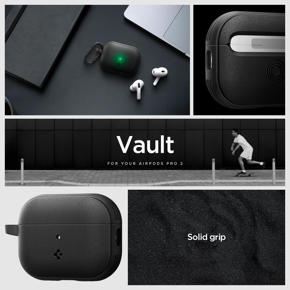 Caseology by Spigen Vault Designed for Airpods Pro 2nd Generation Case (2022/2023/2024) Drop Protection Cover with Carabiner - Matte Black