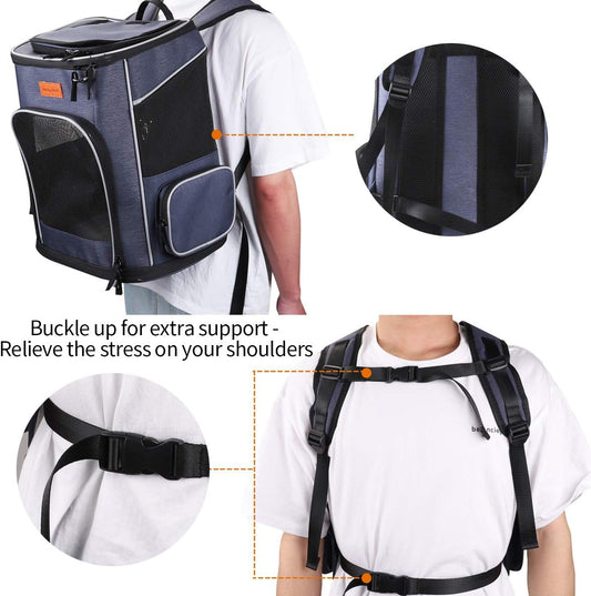 morpilot Cat Carrier Backpack, Foldable Pet Carrier Backpack for Cats and Small Dogs, Dog Backpack Carrier with Ventilated Design Inner Safety Strap, Puppy Carrier Bag for Travel Camping Hiking blue