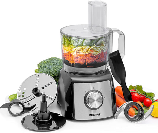 Geepas GMC42011 1200W Compact Food Processor – Multitasker Electric Chopper & Grater Attachments | 1.2L Bowl Capacity | Stainless Steel & Dough Blades Included