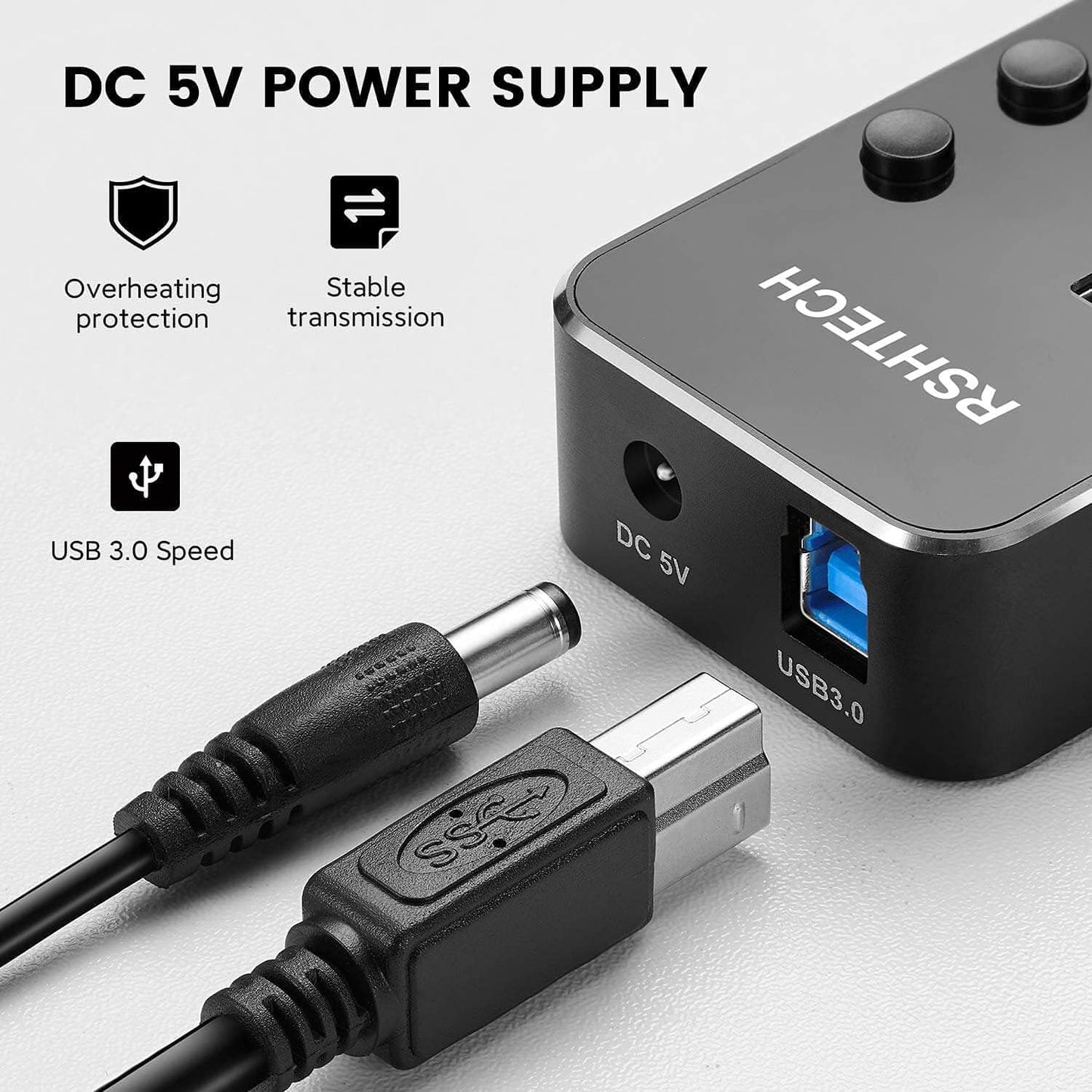 RSHTECH USB Hub Powered 7 Port USB 3.0 Data Hub Aluminum USB Extension Splitter with Individual On/Off Switch Universal AC to DC 5V Power Adapter (RSH-518)
