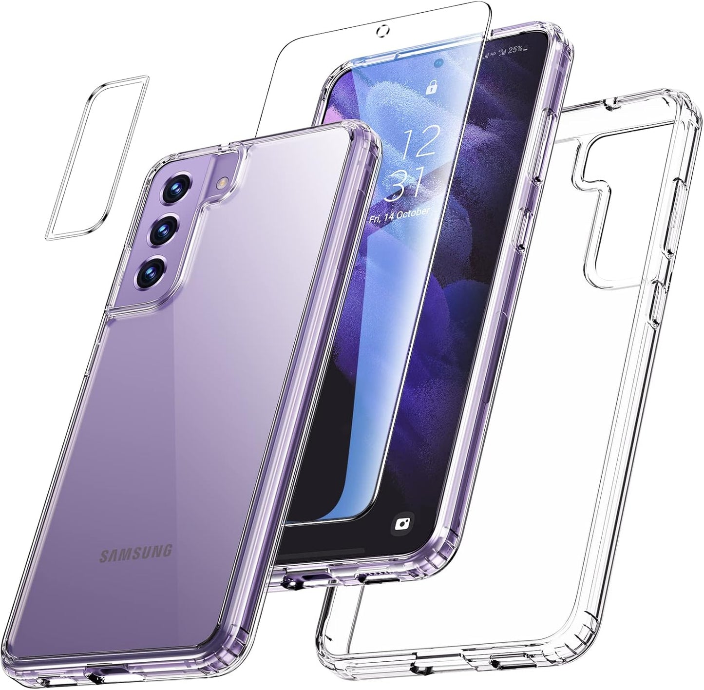 Uyiton 5-in-1 Set for Samsung S21 FE Case Transparent Non-Yellowing 1 Mobile Phone Case and 2 Protective Glass and 2 Camera Protection, Shockproof Scratch-Resistant Mobile Phone Case for Samsung S21