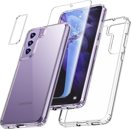 Uyiton 5-in-1 Set for Samsung S21 FE Case Transparent Non-Yellowing 1 Mobile Phone Case and 2 Protective Glass and 2 Camera Protection, Shockproof Scratch-Resistant Mobile Phone Case for Samsung S21