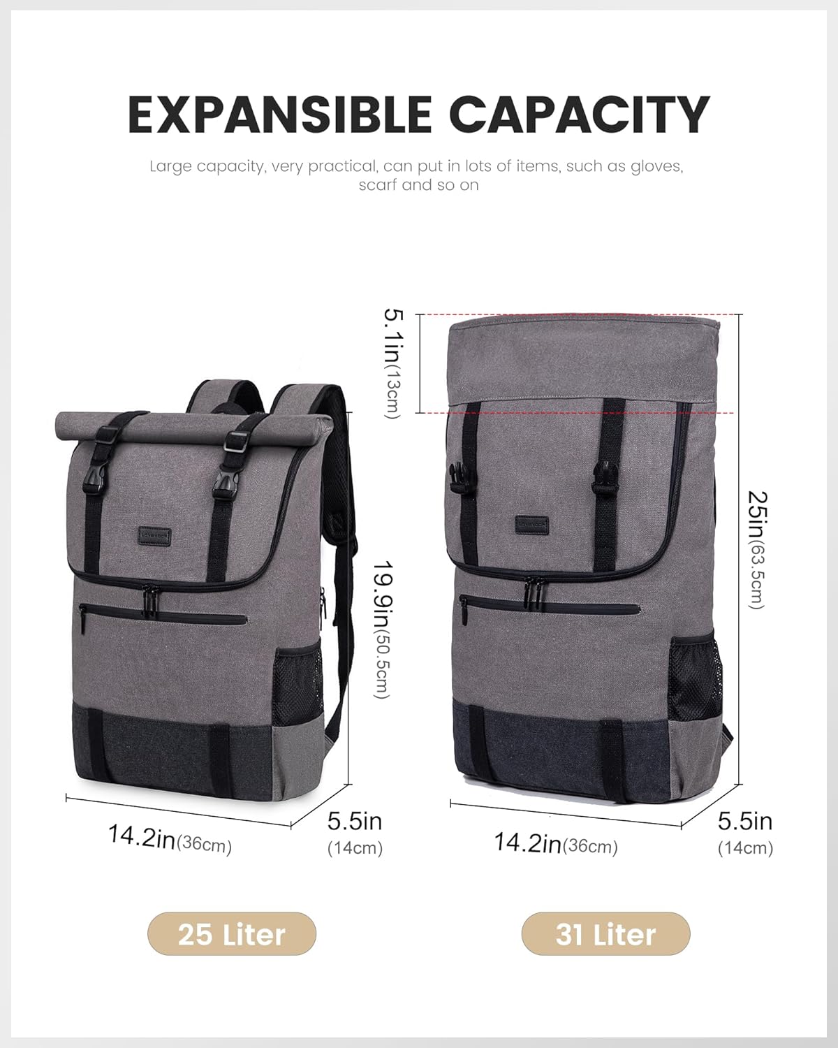 LOVEVOOK Backpack Men Women Large Rolltop Laptop Backpack 17.3 Inch Waterproof Rolling Backpack School Backpack for University Work Travel Business, Canvas Grey