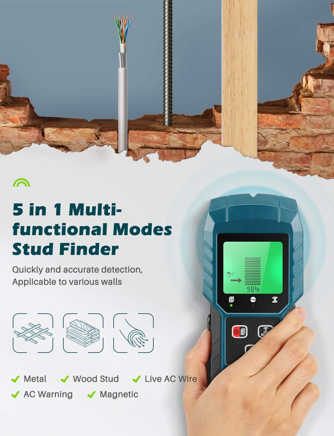 Detlev Pro Stud Detector 5 in 1 Multi Function Wall Scanner