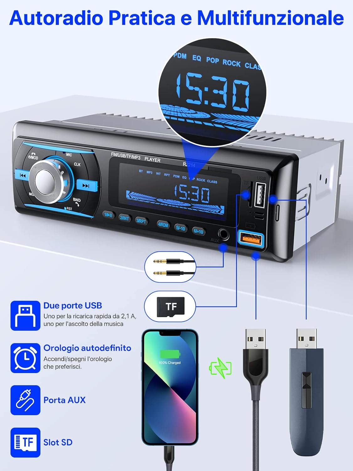 Chismos R2214 4x65W Bluetooth 5.0 Car Radio, FM/AM/RDS with Remote, USB/AUX/SD/TF/MP3/WMA/WAV Player, 1 DIN Stereo, Handsfree, iOS/Android Compatible