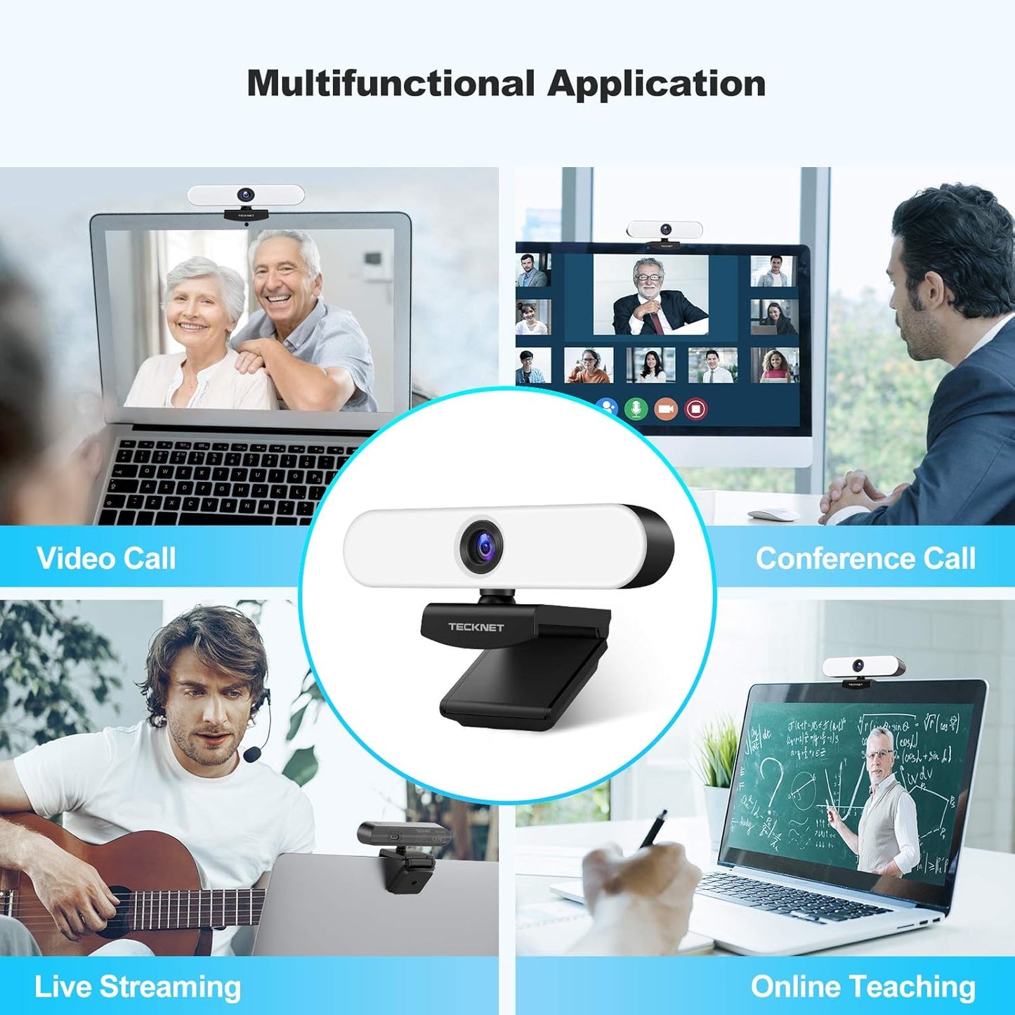 TECKNET 1080P Webcam with Microphone for Desktop, Streaming Webcam with 3-Level Brightness Adjustable Ring Light, USB PC Computer Camera for Video Conferencing/Calling/Live Streaming/Online Learning