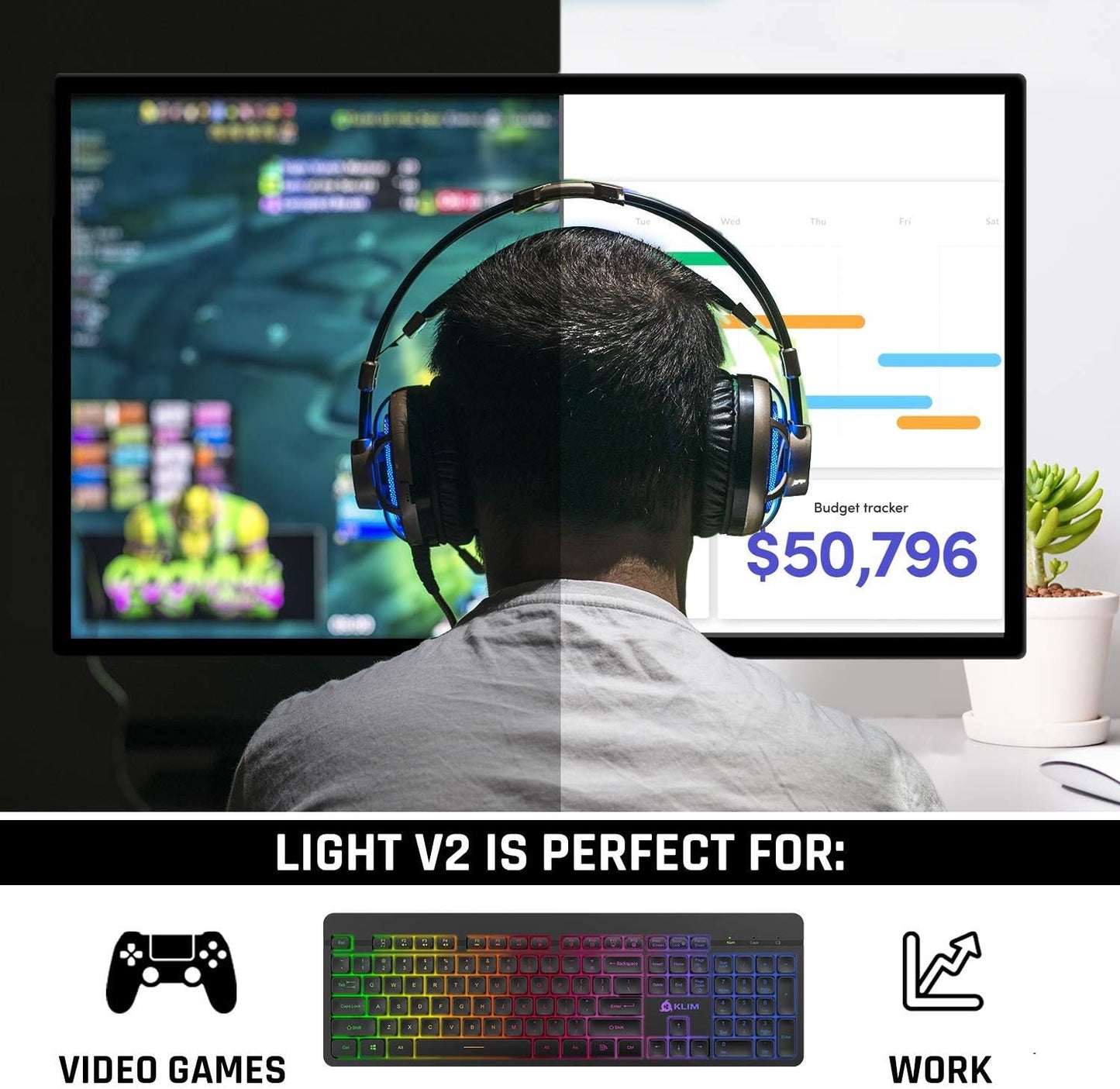 KLIM Light V2 Rechargeable Wireless Keyboard - New Version - Slim Durable Ergonomic - Backlit Wireless Gaming Keyboard for Laptop PC Mac PS4 PS5 Xbox One - Long-Lasting Built-in Battery