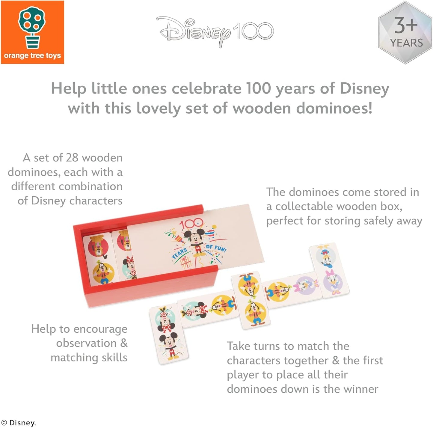 Disney 100th Anniversary Wooden Dominoes Set for Kids, Educational Toys for 3 Year Olds, Childrens Dominoes Games, Wooden Toddler Toys for Boy Girl - Official Licensed Disney Gifts by Orange Tree Toys