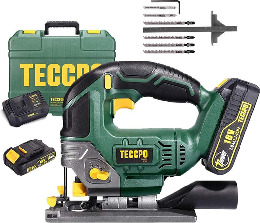 Cordless Jigsaw, TECCPO 18V Jig Saw, 2x2000mAh Battery, 30 Minute Fast Charger 2.0Ah, LED Light, 0~2300SPM, Stroke Height 22mm, Maximum Cutting Angle 45 °, Six Saw Blades /TDJA22P