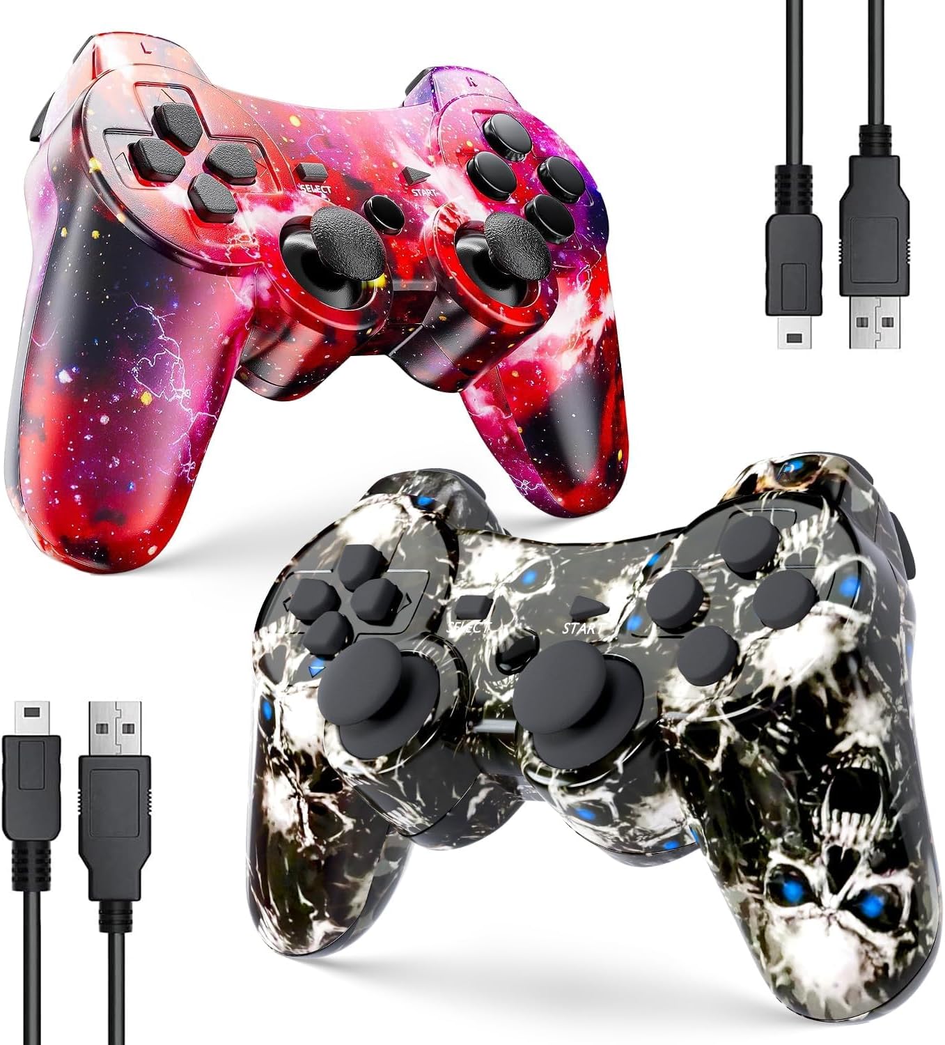 Zeion PS3 Controller Wireless, Gaming Remote Joystick for Playstation 3 with Charger Cable Cord (Red Star, Black Ghost)