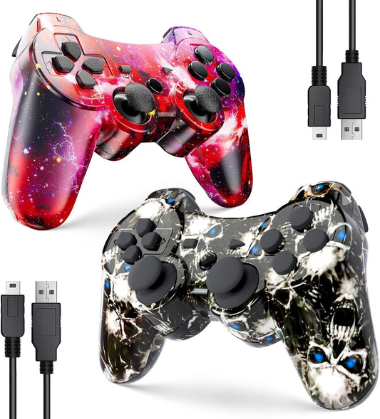 Zeion PS3 Controller Wireless, Gaming Remote Joystick for Playstation 3 with Charger Cable Cord (Red Star, Black Ghost)