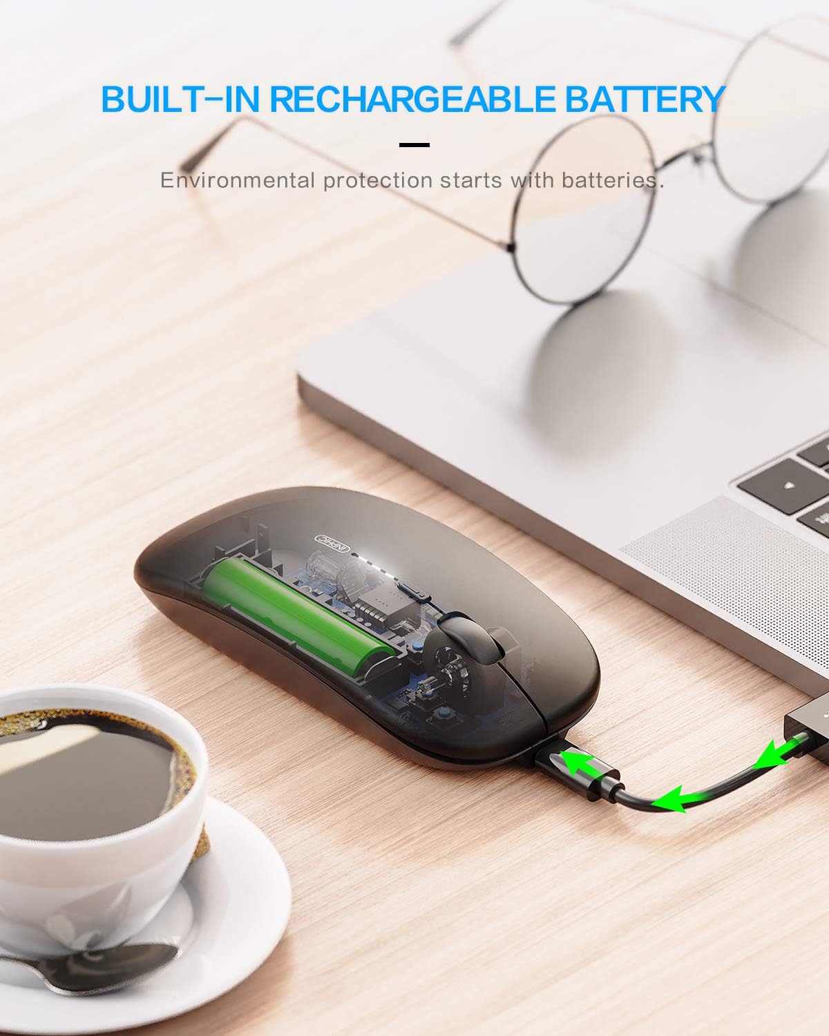 INPHIC Slim Wireless Mouse Rechargeable, Battery Visible, 2.4G Silent Cordless,1600 DPI with USB Receiver, Black