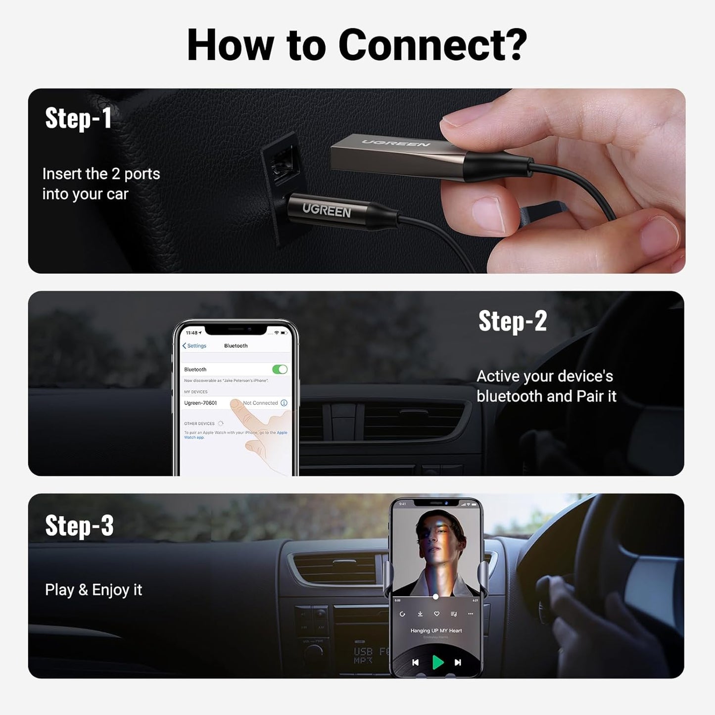 UGREEN Aux to Bluetooth 5.4 Adapter 3.5mm Bluetooth Receiver for Car USB 2.0 to 3.5mm Jack Kit with Built-in Microphone Aux Input for Hands-Free Calls Compatible with Car Speaker and Home Audio