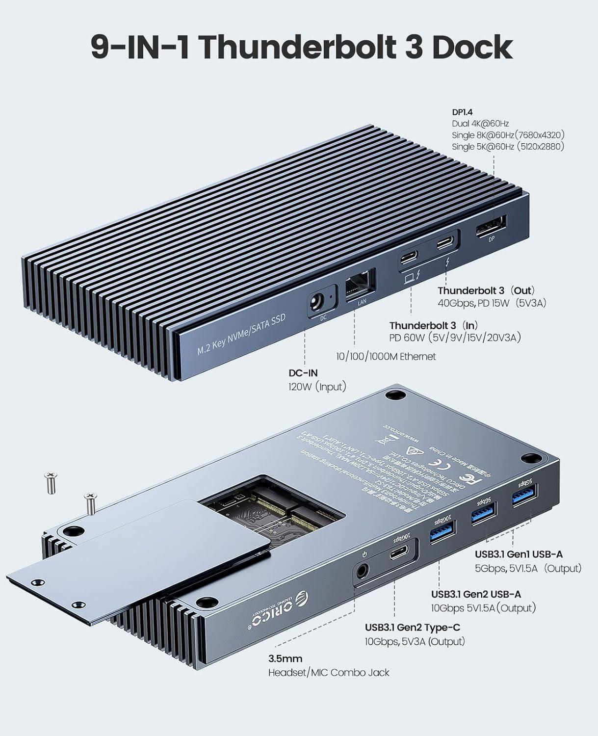 Thunderbolt 3 Dock 9-in-1 Dual M.2 NVMe/NGFF Enclosure, ORICO USB C Docking Station 40Gbps, 8K@60Hz Display or 4K@60Hz Dual Display, 60W Charging Power for Laptop, 15W for Smartphone, Daisychain.