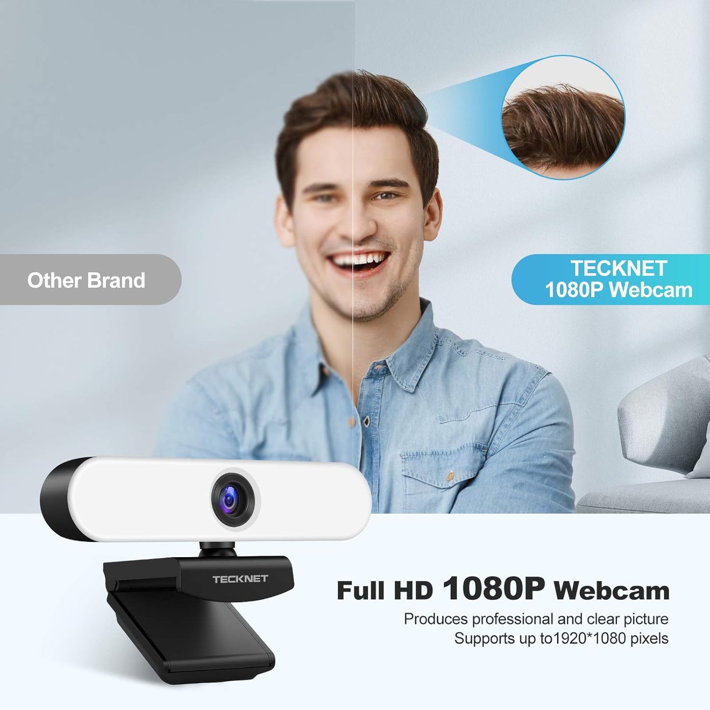 TECKNET 1080P Webcam with Microphone for Desktop, Streaming Webcam with 3-Level Brightness Adjustable Ring Light, USB PC Computer Camera for Video Conferencing/Calling/Live Streaming/Online Learning