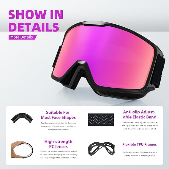 Ski/Snowboard Goggles for Men, Women & Youth -OTG 100% UV Protection
