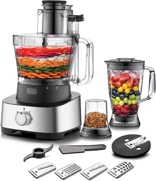 Black & Decker 600W 1.5L 4in1 Food Processor, Blender Jar And Grinder Chopper Shredder Plus 31 Extra Functions, For Easy Meal Preparations FX1050
