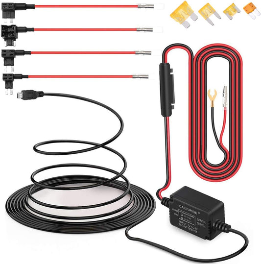 Carpuride Dash Cam Hardwire Kit, Mini USB Port, DC 12V - 24V to 5V/2A Max Car Dash Camera Charger Cable kit with Fuse, Low Voltage Protection for Dash Cam (Mini USB and Fuse Kit)