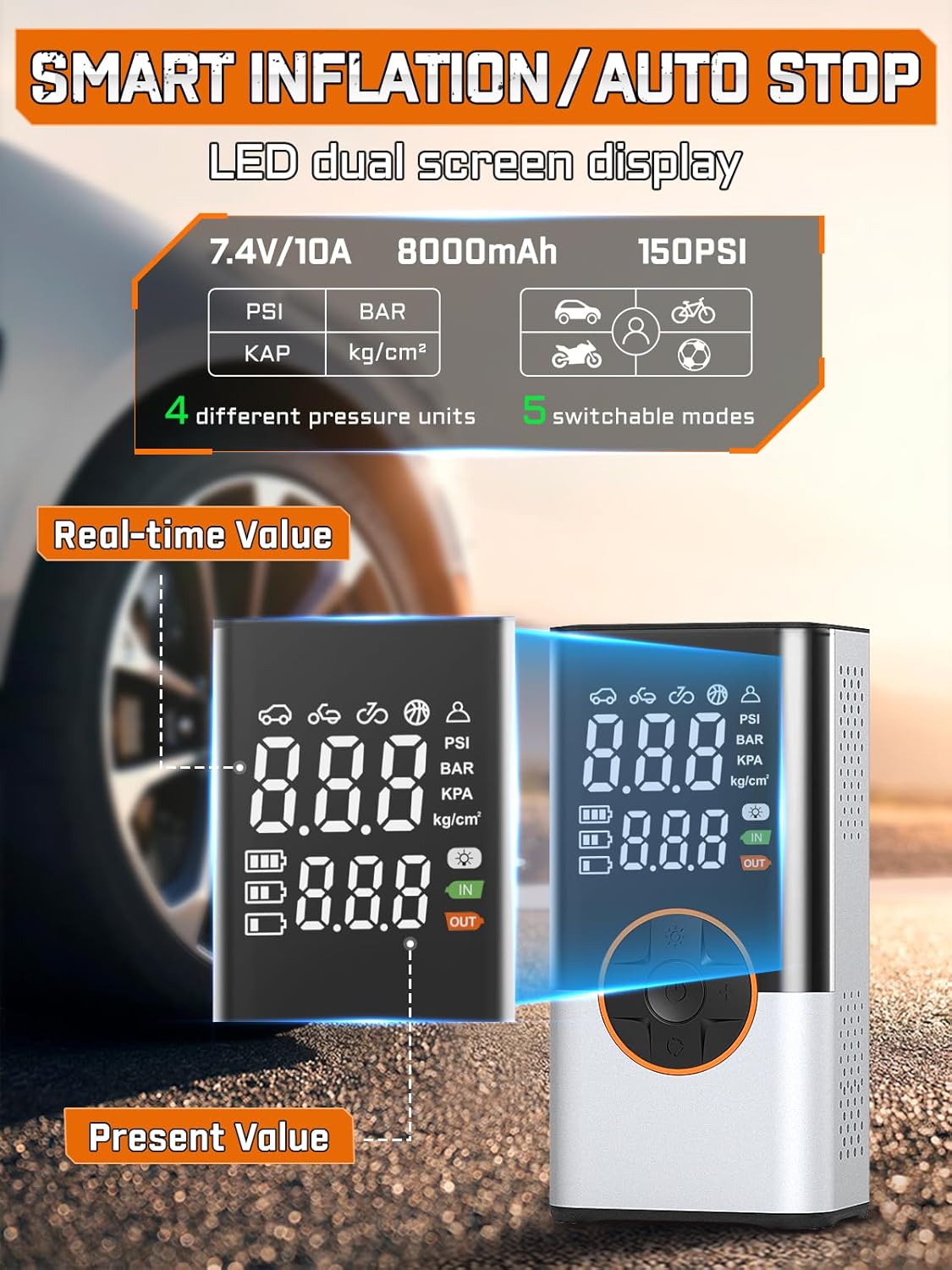 BIBURY 8000 mAh Electric Air Pump Bicycle Air Pump Electric 150 PSI with 5 Modes Battery Compressor Air Compressor Portable Bicycle Pump with LED Digital Display, LED Light for Car Moto Bicycle Balls