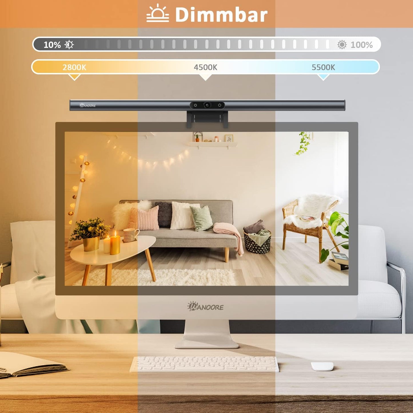 Wanoore Computer Monitor Lamp Desk Lamp with Webcam, LED Screen Lamp 3 Colour Temperatures and Touch Reading Lamp USB for Home Office PC Lamp, No Reflective Glare