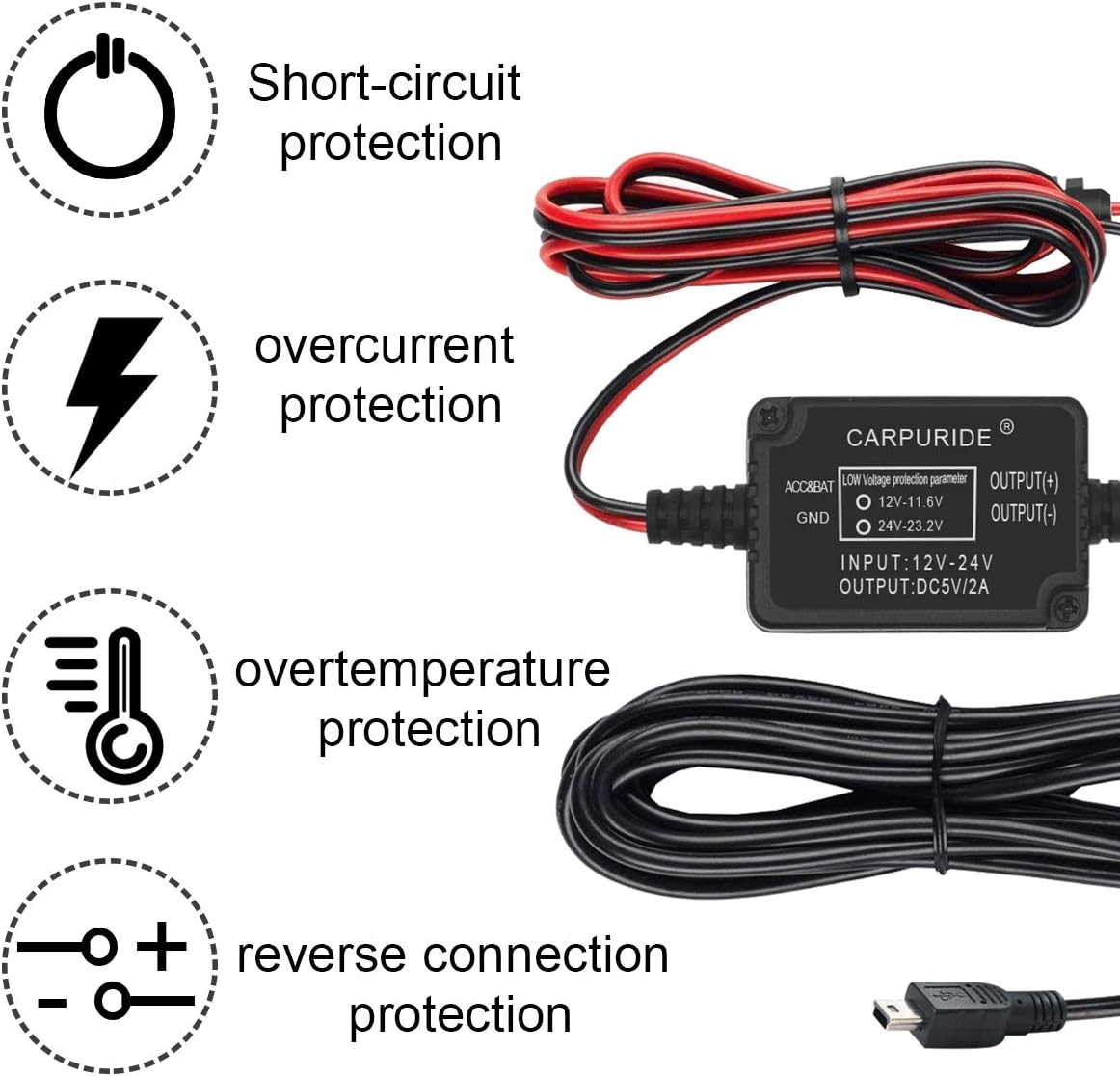 Carpuride Dash Cam Hardwire Kit, Mini USB Port, DC 12V - 24V to 5V/2A Max Car Dash Camera Charger Cable kit with Fuse, Low Voltage Protection for Dash Cam (Mini USB and Fuse Kit)