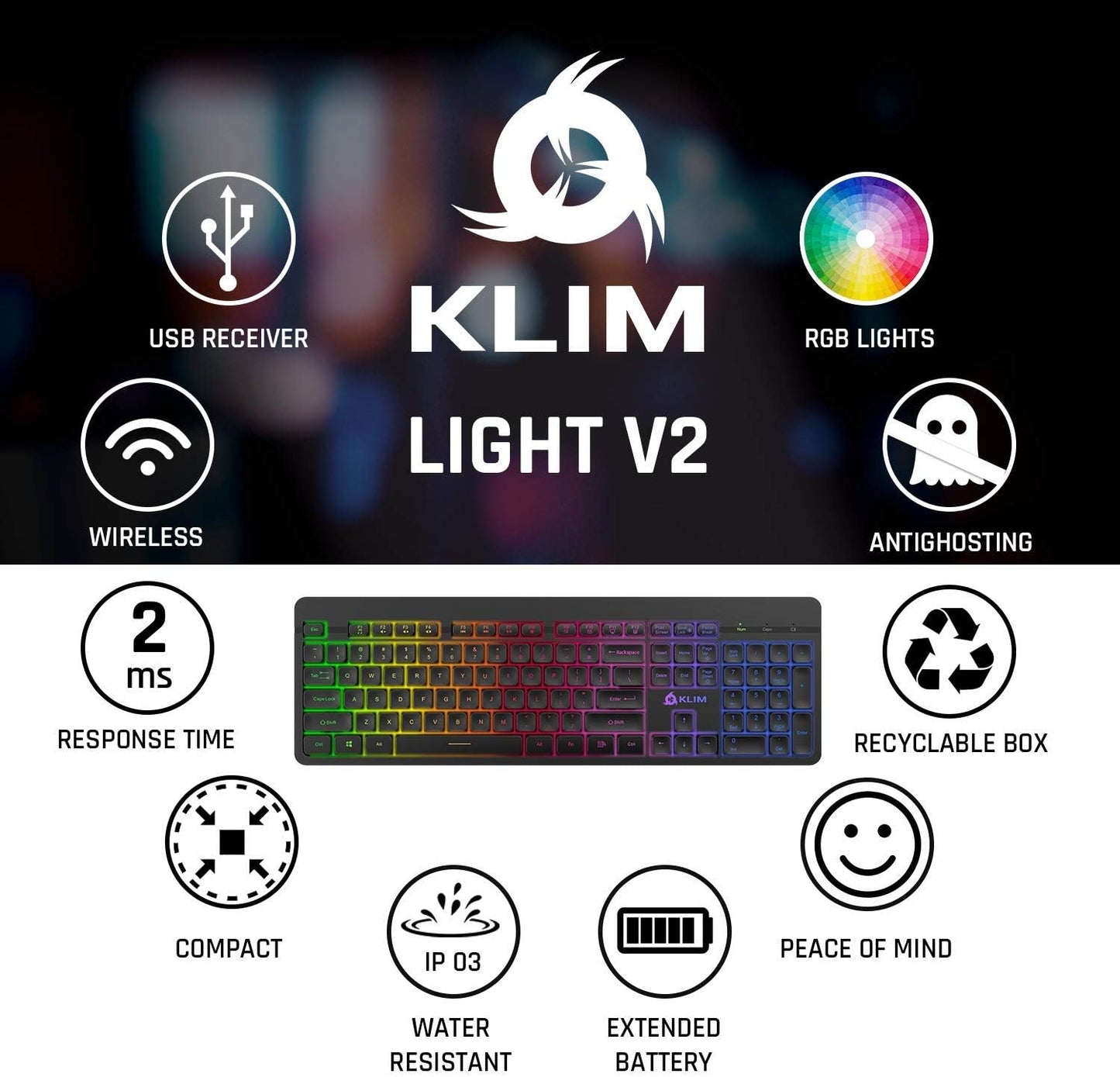 KLIM Light V2 Rechargeable Wireless Keyboard - New Version - Slim Durable Ergonomic - Backlit Wireless Gaming Keyboard for Laptop PC Mac PS4 PS5 Xbox One - Long-Lasting Built-in Battery