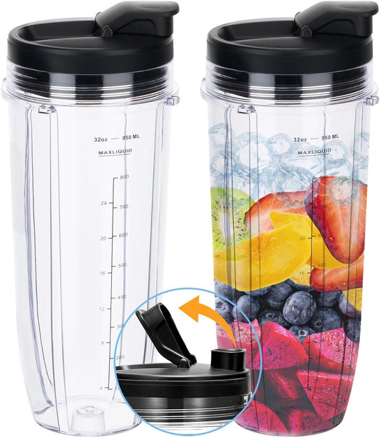 Replacement 32oz Blender Cup with Sip & Seal Lid For Nutri Ninja BL450 BL454 Bl455 BL456 BL480 BL481 BL482 BL490 BL640 BL642 BL682 SS101 SS401 SS351 Nutri Ninja Auto IQ Series Blenders,