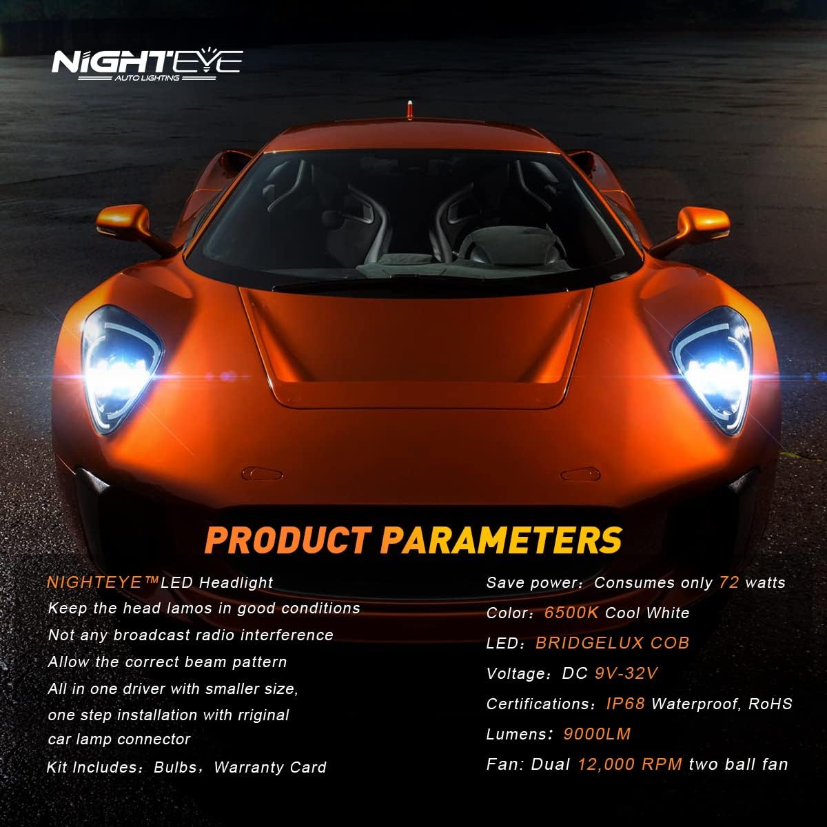 NIGHTEYE Automotive LED H7 Led Headlight Bulbs, 12V 72W 9000Lumens 6500K Cool White, IP68 Waterproof