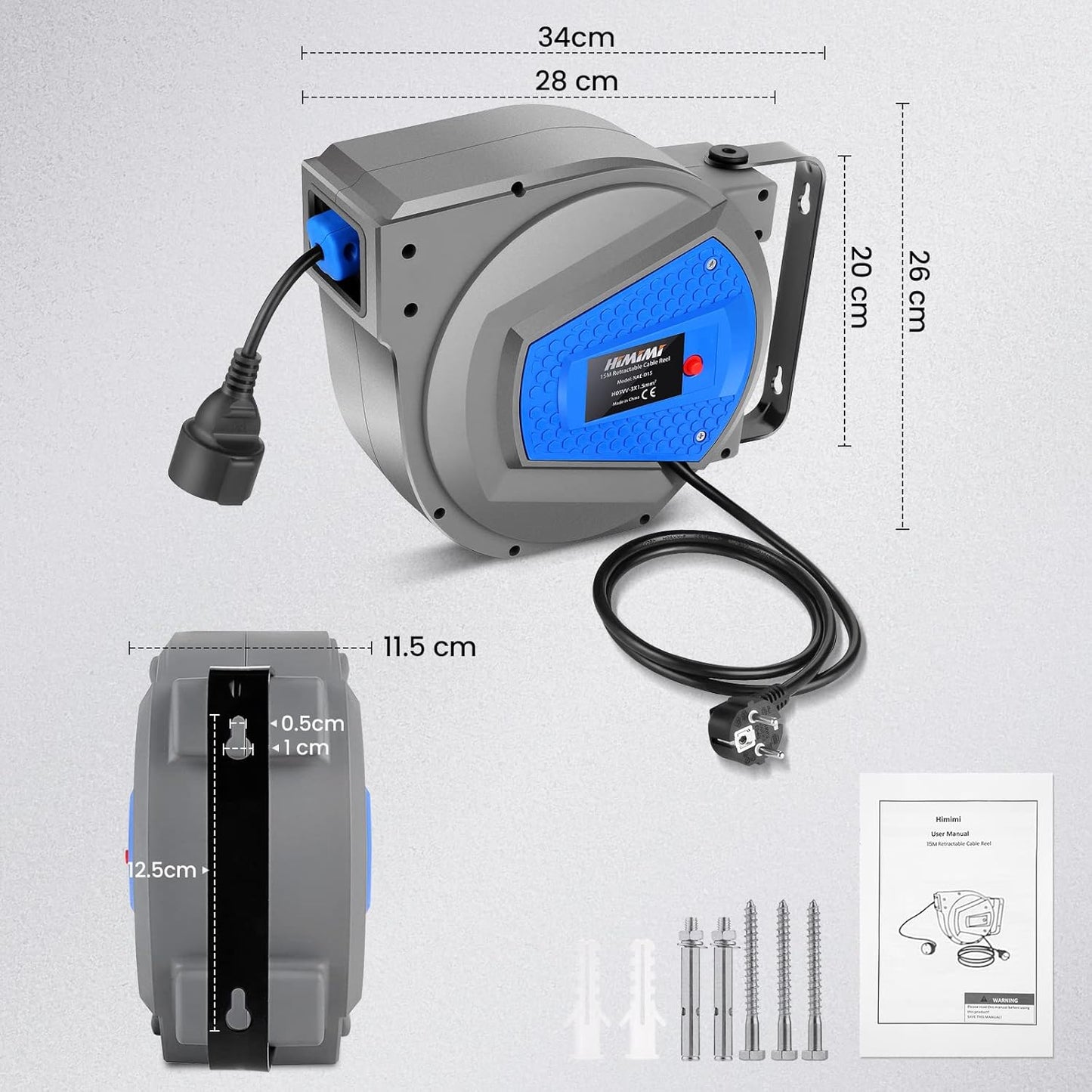 Himimi Automatic Cable Reel 15 m + 1 m 1500 W ~ 3000 W Cable Reel Automatic Power Drum Hose Reel Extension Cable Outdoor Wall Mounting, Overload Protection