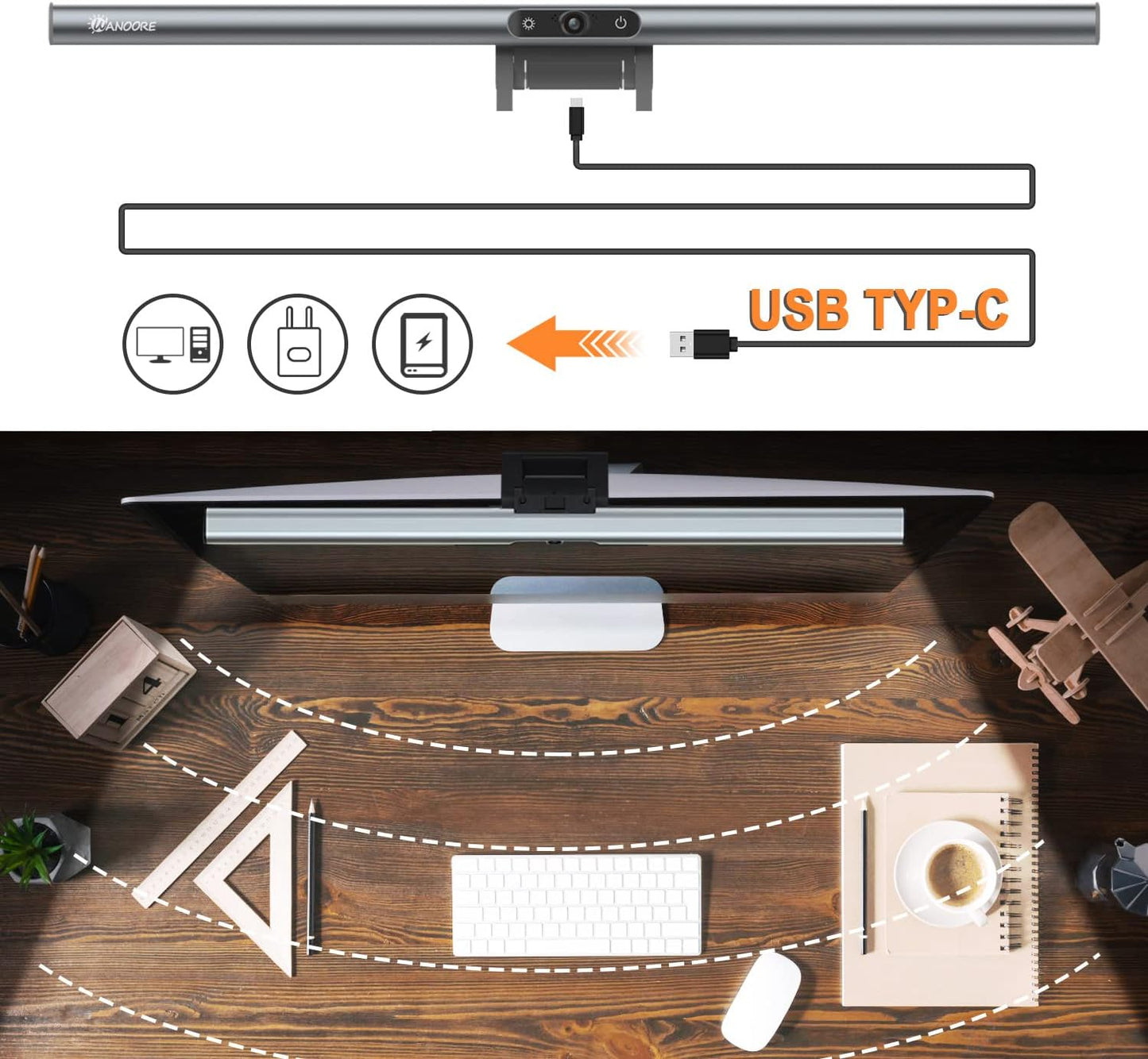 Wanoore Computer Monitor Lamp Desk Lamp with Webcam, LED Screen Lamp 3 Colour Temperatures and Touch Reading Lamp USB for Home Office PC Lamp, No Reflective Glare