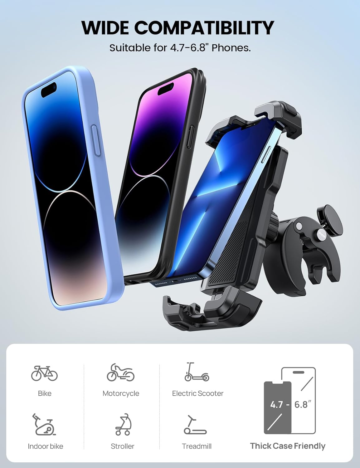 Lamicall Motorcycle Phone Mount, Bike Phone Holder - [Metal Lock] Upgrade Quick Install Handlebar Clip for Bicycle Scooter, Cell Phone Clamp for iPhone 16 15 14 Pro Max, Galaxy, 4.7-6.8" Phones