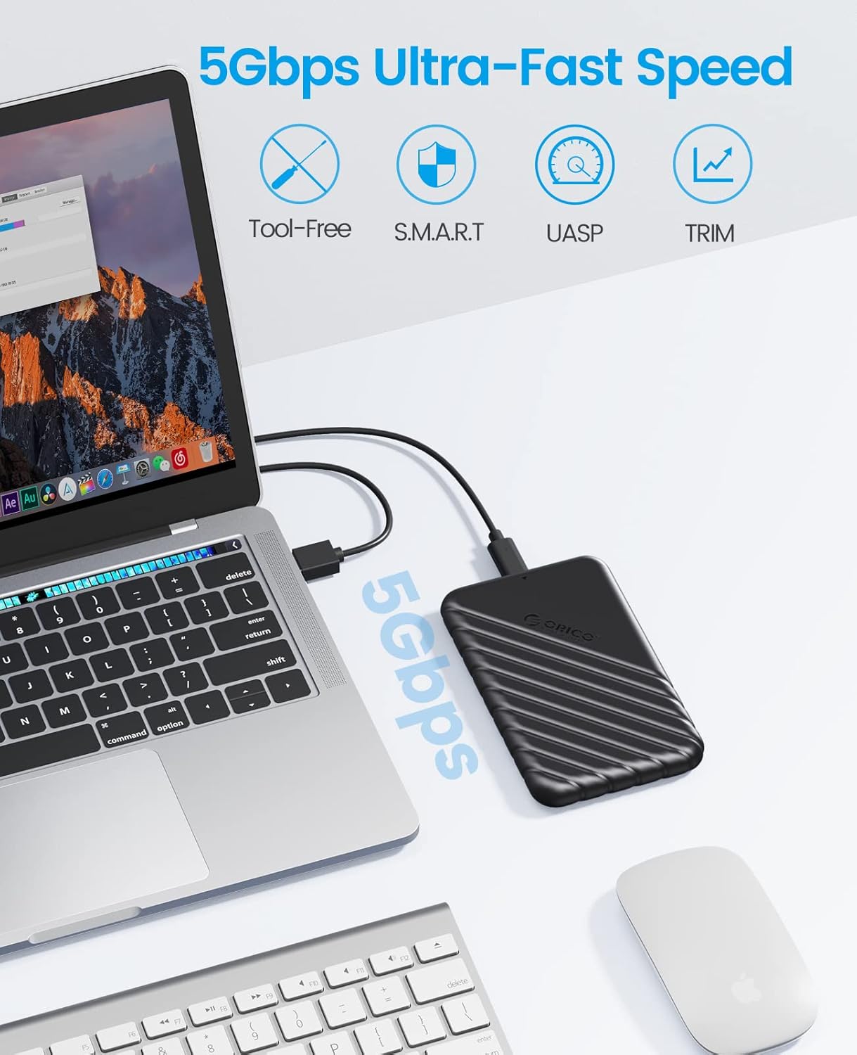 ORICO 2.5 inch USB C Hard Drive Enclosure USB 3.1 Gen 1 to SATA III External Hard Drive Case for SSD HDD 9.5 7mm Tool-Free with UASP, Black (25PW1-C3)