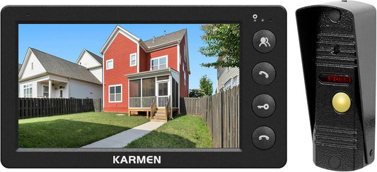 Karmen 7 Inch Video Doorman, Metal Doorbell, Infrared Night Vision, IP65 Waterproof, 16 Tones, Remote Control, Black