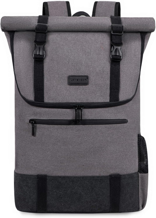 LOVEVOOK Backpack Men Women Large Rolltop Laptop Backpack 17.3 Inch Waterproof Rolling Backpack School Backpack for University Work Travel Business, Canvas Grey
