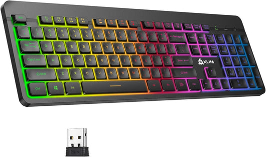 KLIM Light V2 Rechargeable Wireless Keyboard - New Version - Slim Durable Ergonomic - Backlit Wireless Gaming Keyboard for Laptop PC Mac PS4 PS5 Xbox One - Long-Lasting Built-in Battery
