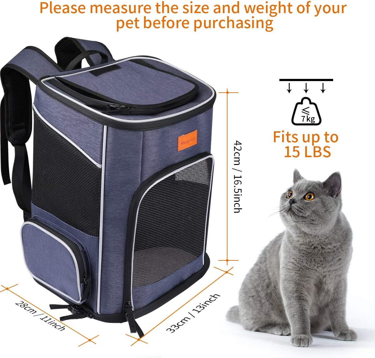 morpilot Cat Carrier Backpack, Foldable Pet Carrier Backpack for Cats and Small Dogs, Dog Backpack Carrier with Ventilated Design Inner Safety Strap, Puppy Carrier Bag for Travel Camping Hiking blue