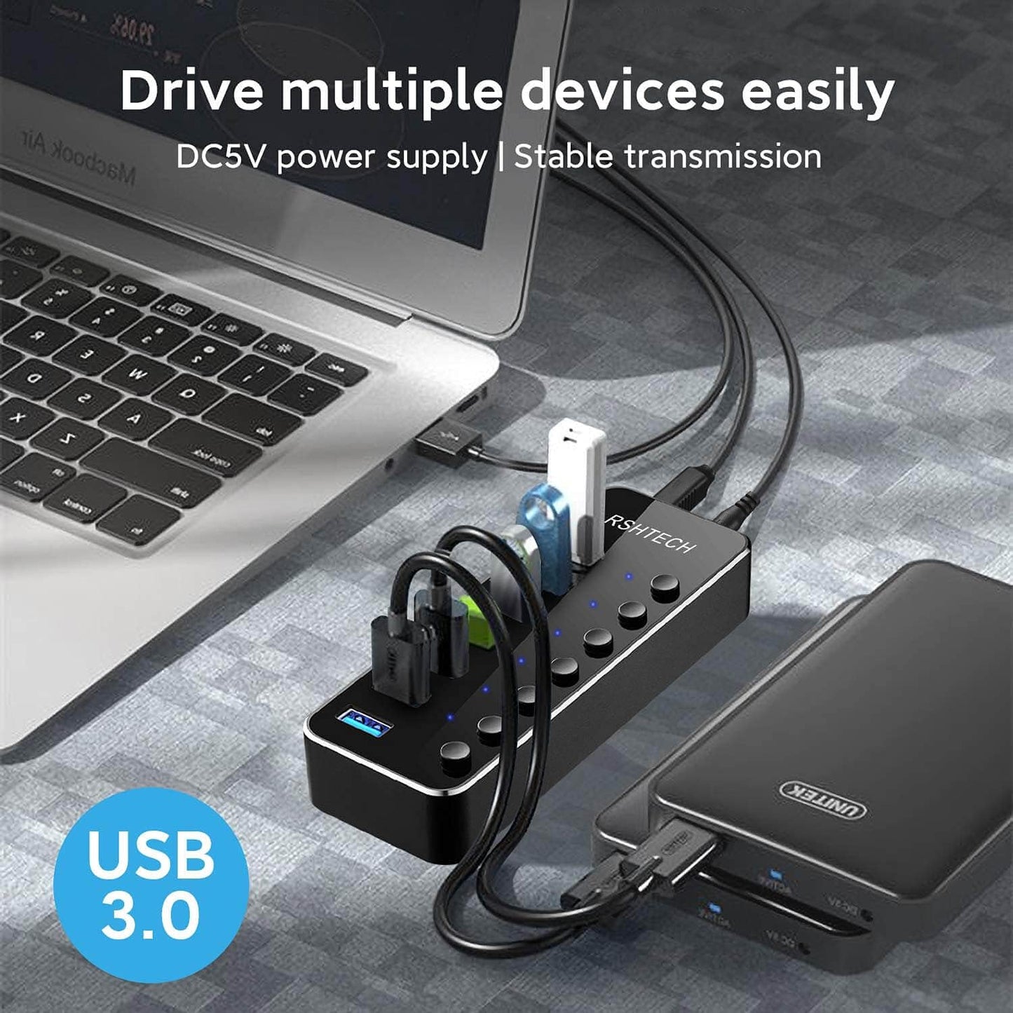 RSHTECH USB Hub Powered 7 Port USB 3.0 Data Hub Aluminum USB Extension Splitter with Individual On/Off Switch Universal AC to DC 5V Power Adapter (RSH-518)