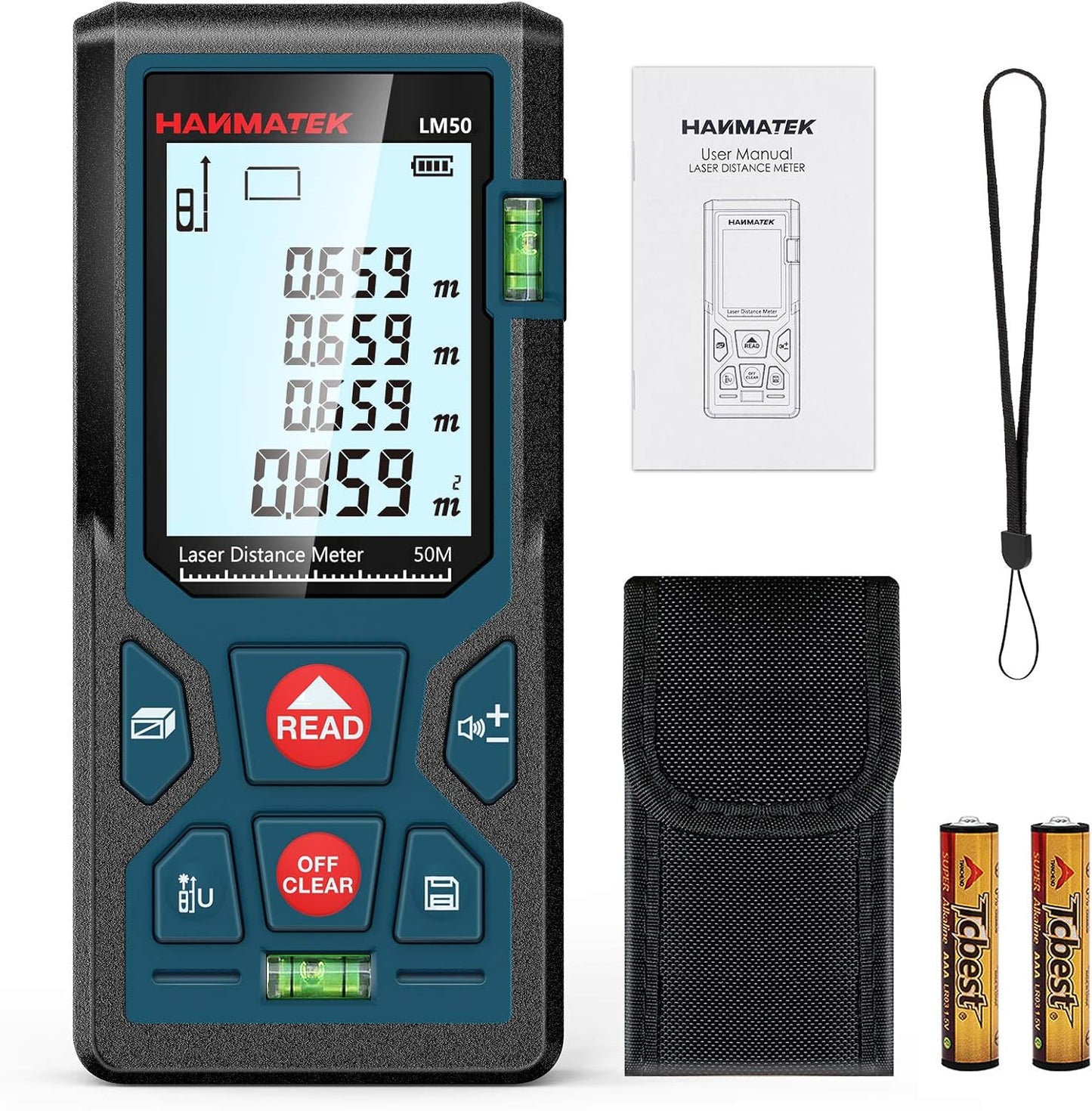 165ft/50m Laser Measure Ft/in/M Switching LM50 Laser Measurement Tool Devices with 2 Bubble Levels Distance Meter,Large Backlit LCD