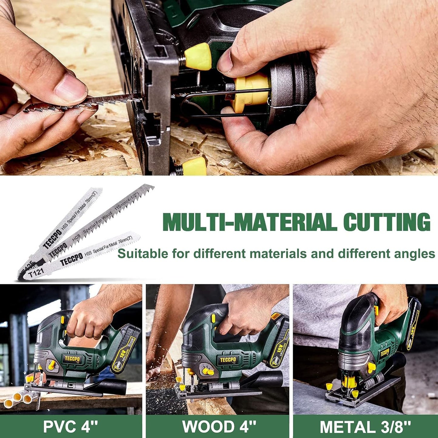 Cordless Jigsaw, TECCPO 18V Jig Saw, 2x2000mAh Battery, 30 Minute Fast Charger 2.0Ah, LED Light, 0~2300SPM, Stroke Height 22mm, Maximum Cutting Angle 45 °, Six Saw Blades /TDJA22P